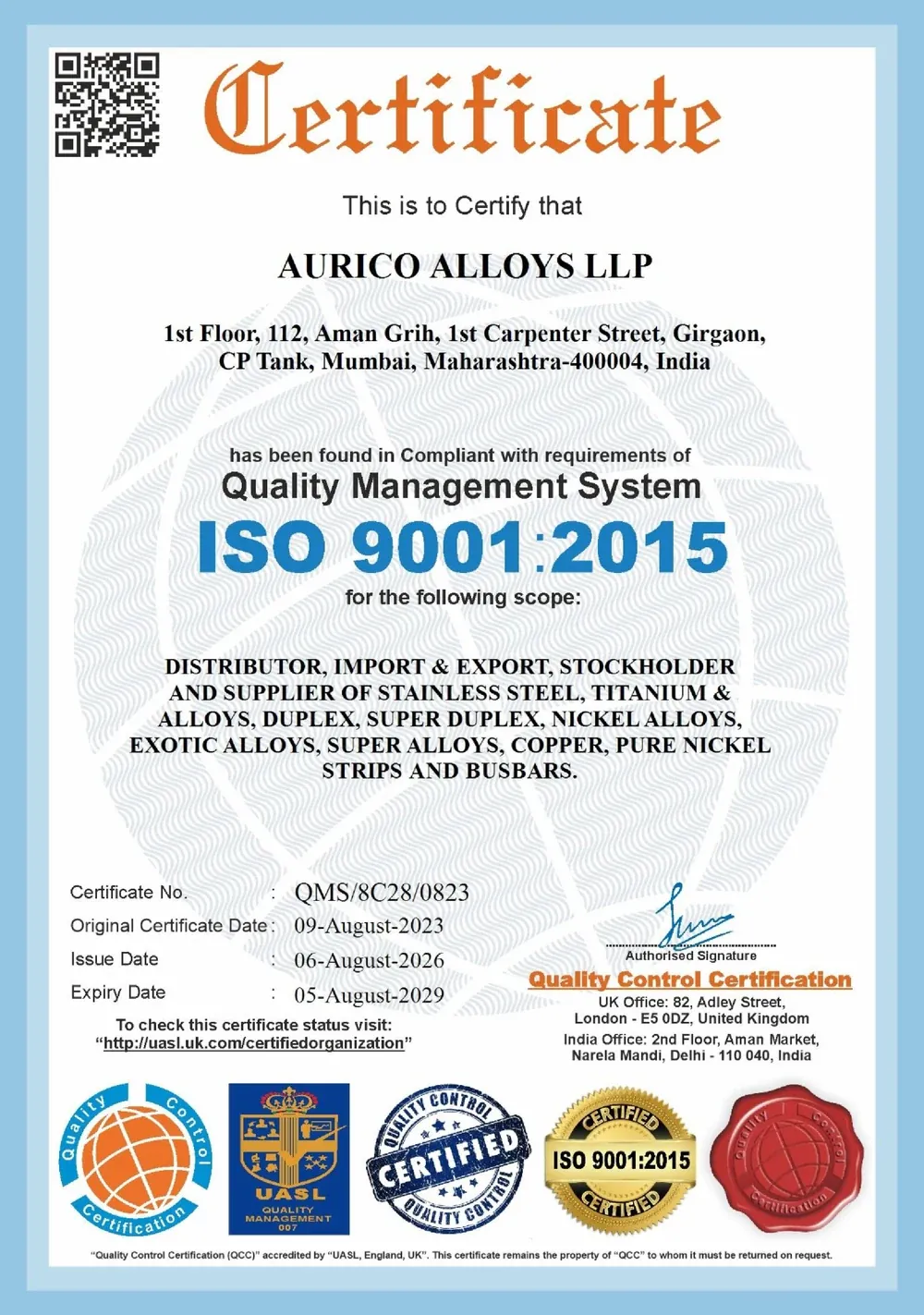 ISO 9001:2015 certificate QMS/8C28/0823 issued to Aurico Alloys LLP by Quality Control Certification, valid to 05 August 2029