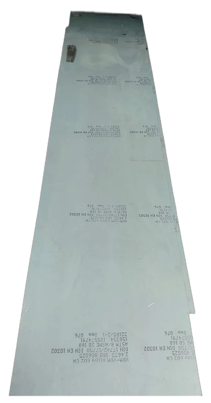 VDM Alloy 602 CA sheet, 8 mm, stamped 2.4633 UNS N06025, DIN 17742/17750, DIN EN 10302 and ASTM B/ASME SB 168