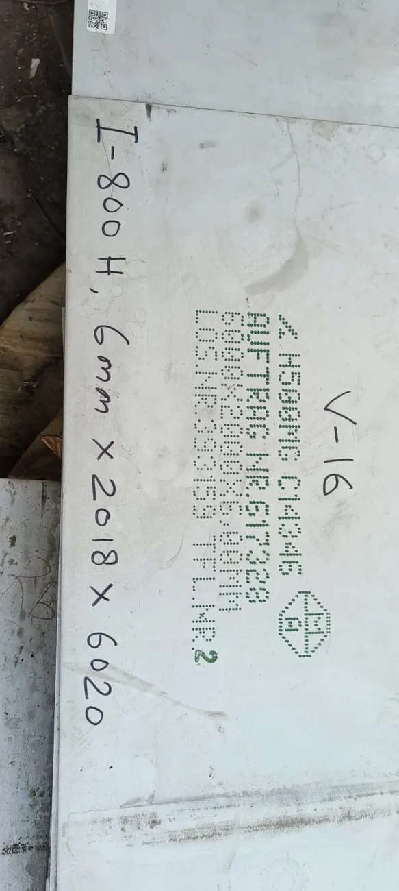 Incoloy 800H plate, 6 mm, hand-marked I-800H with our cut size 6 x 2018 x 6020, beside the mill's stencilled order and lot numbers