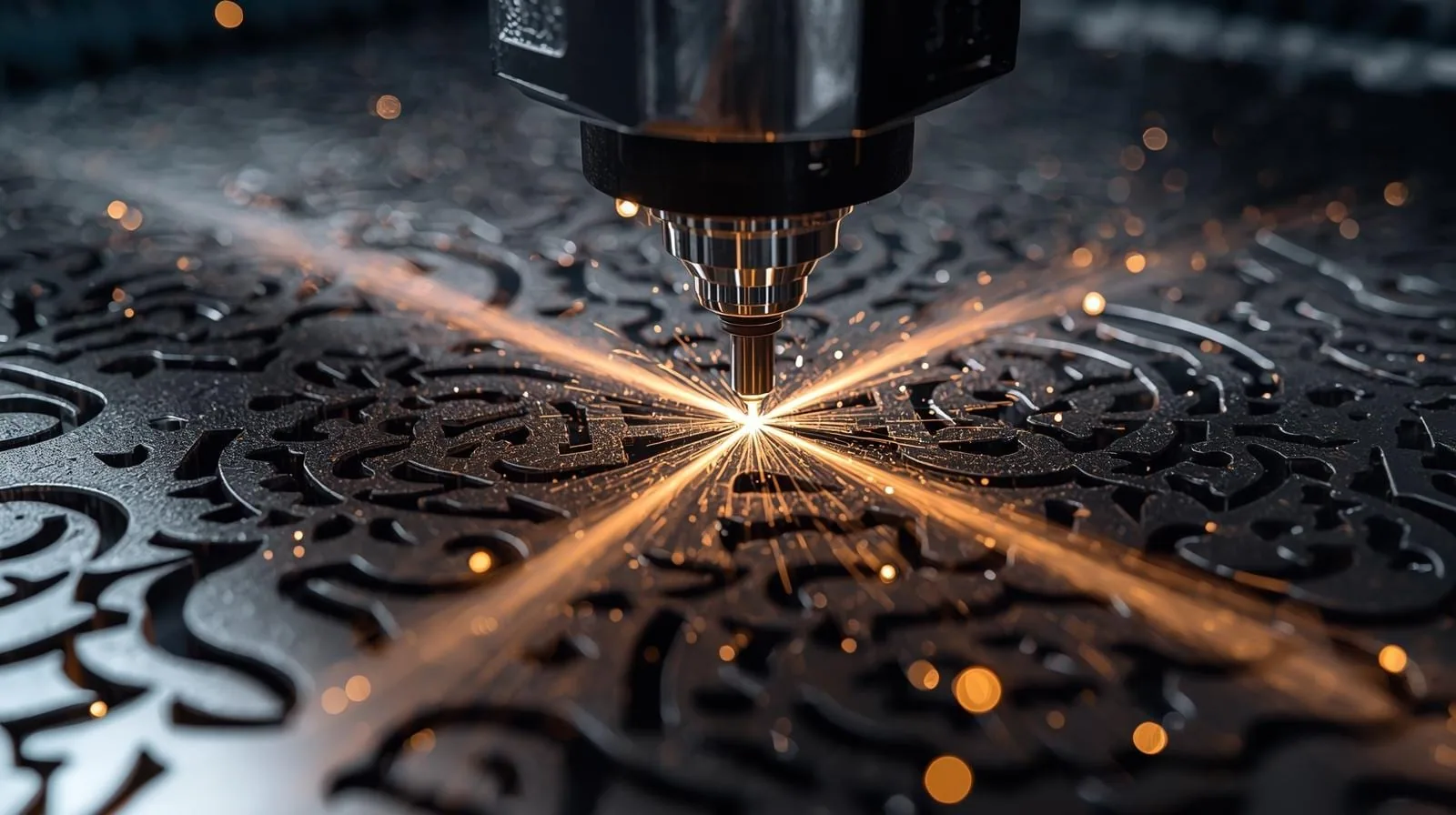 Laser head cutting a decorative pattern into a metal sheet