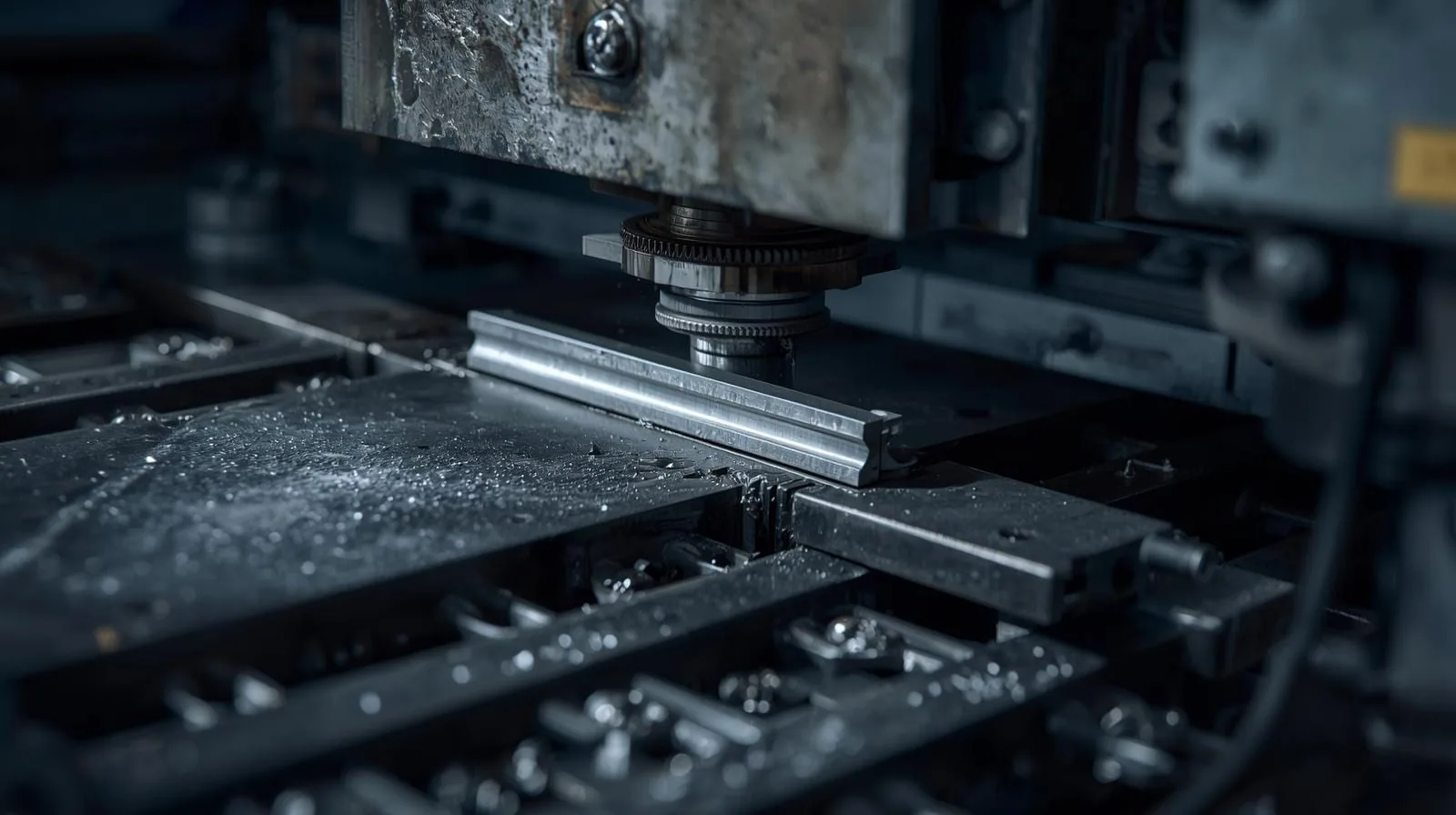 Press tool bearing down on a metal bar in a die