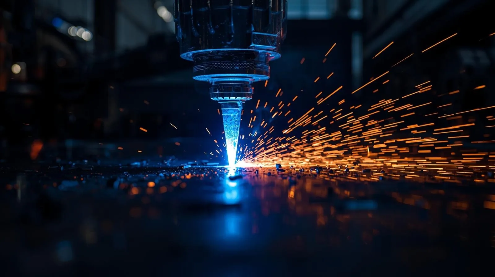 Plasma torch cutting metal in a spray of sparks
