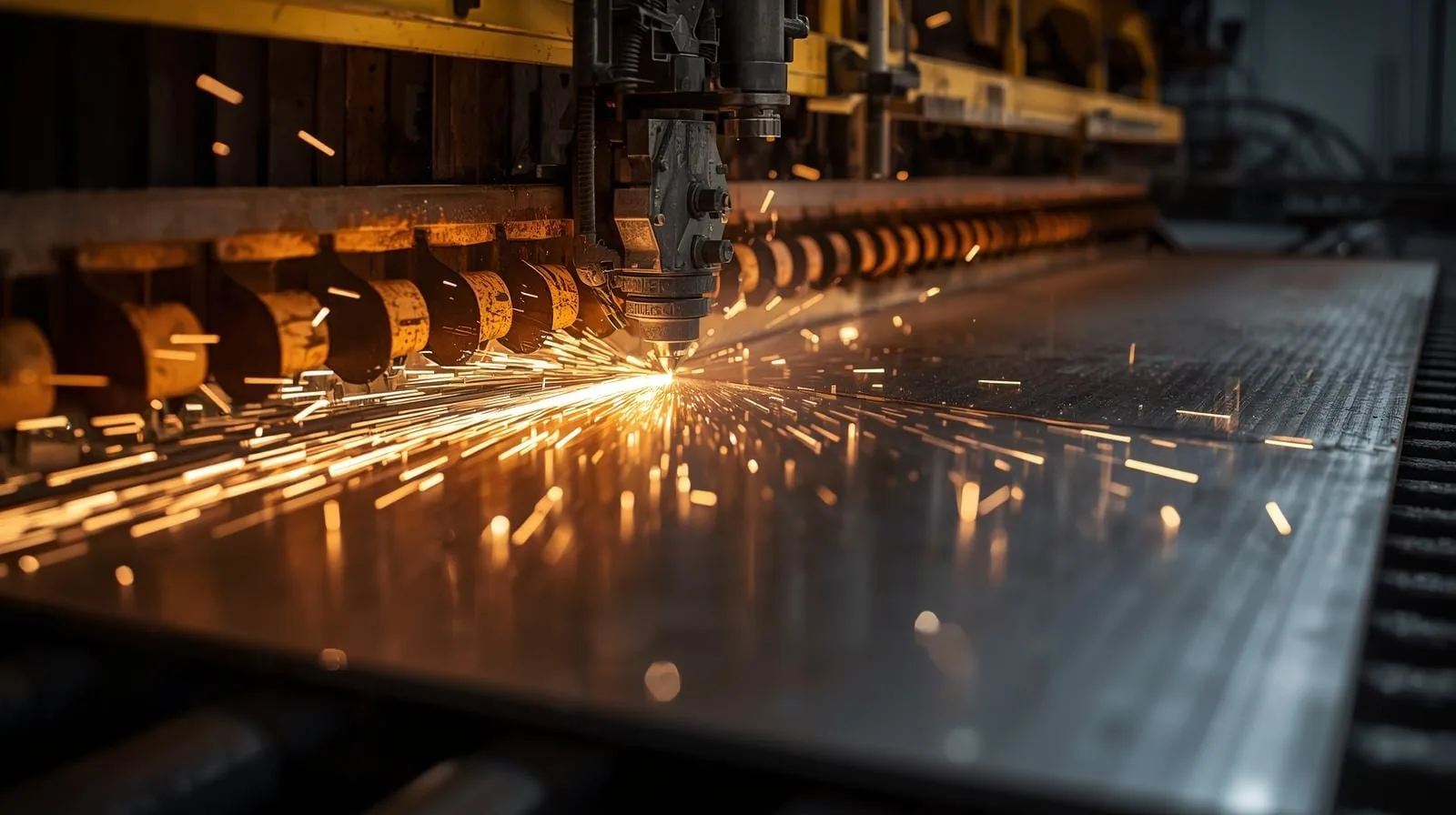 Cutting head throwing sparks across a steel sheet