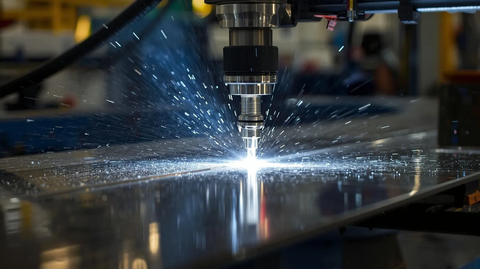 Cutting nozzle throwing a bright spray across a metal sheet
